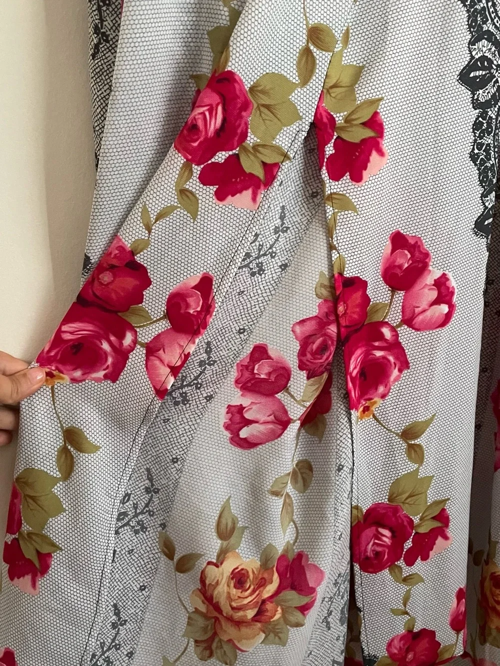 VTG Anne Klein Floral Robe And Slip Dress Set Size M Black Pink Ruffle W/ Slits - Picture 7 of 12